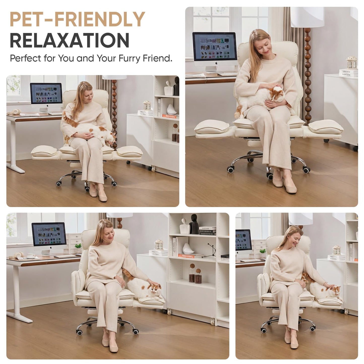 EGSEAT Big and Tall Office Chair with Flip Armrests, Cross Legged Office Chair with Storage Pockets, Comfortable Reclining Computer Chair with Footrest, Wide Home Office Desk Chair, Leather, Beige