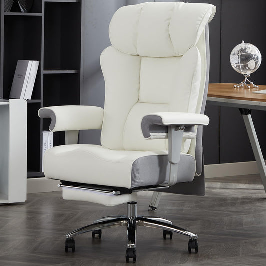 Efomao Big and Tall Office Chair with Footrest, 450lbs High Back Executive Chair with Spring Cushion, PU Leather Upholstery, Padded Armrests, Swivel Base, and Rolling Wheels – White Computer Chair