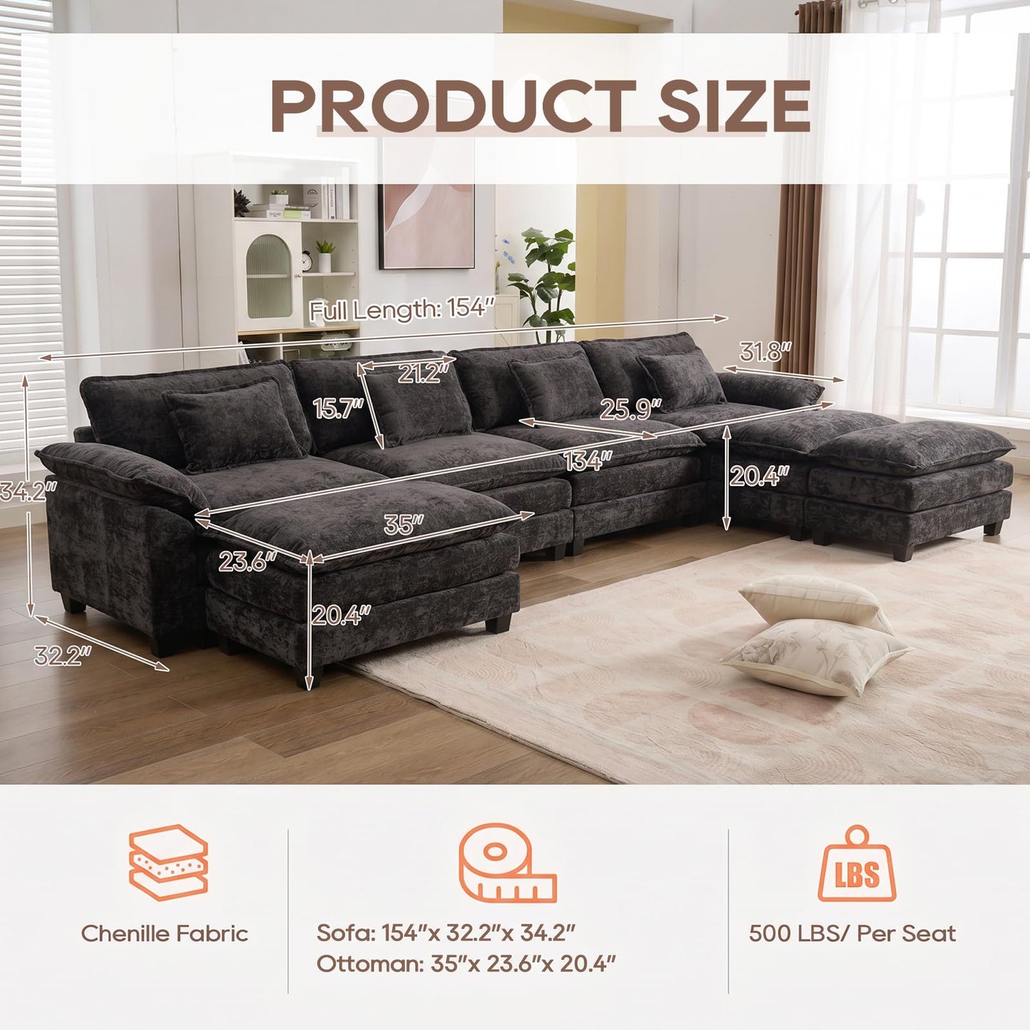 IPKIG 154" Modular Sectional Sofa, Chenille C-Shaped Sectional Couch Comfy Upholstered Seat Sofa with Ottoman, Deep Seat Cloud Couch Sofa for Living Room, Black