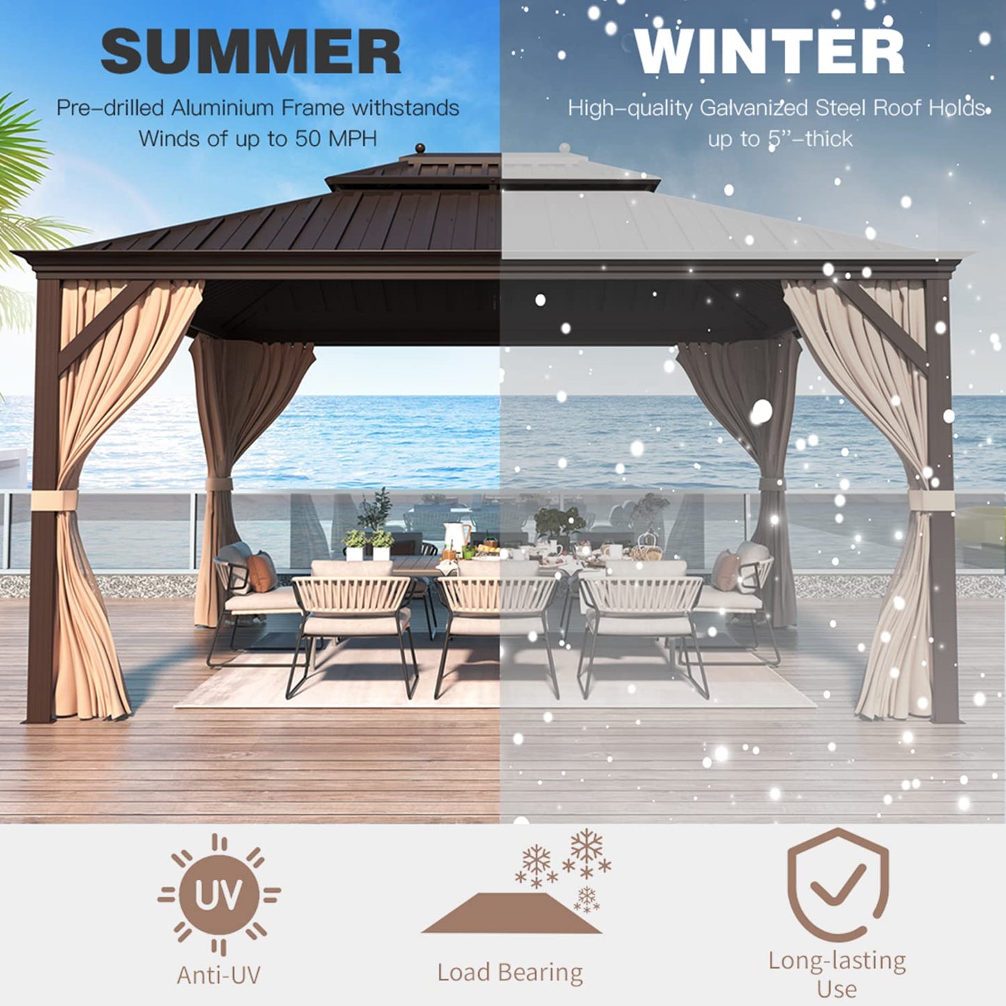 EROMMY 10' X 12' Permanent Hardtop Gazebo Aluminum Gazebos with Galvanized Steel Double Roof for Patio Lawn and Garden, Curtains and Netting Included, Dark Bronze