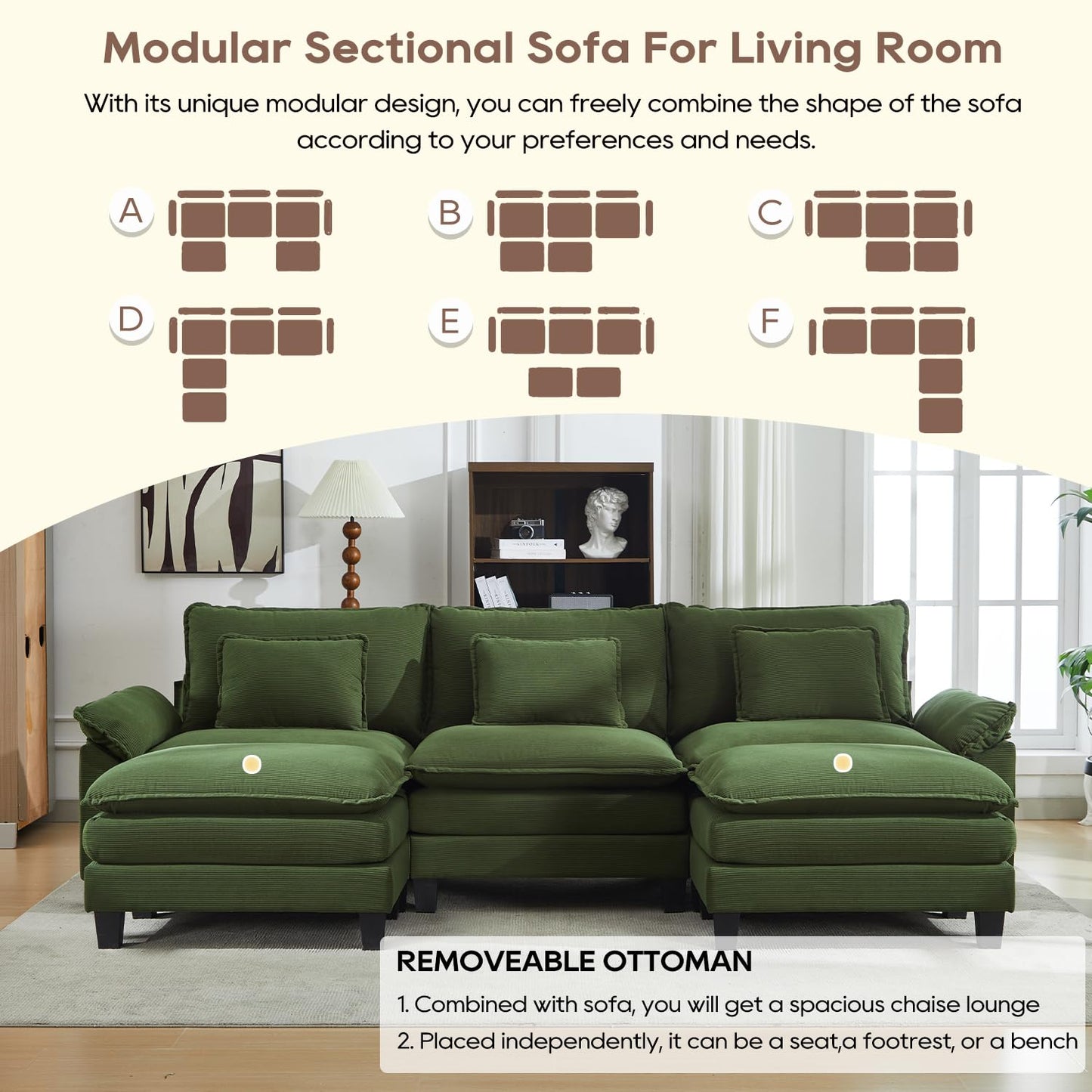 IPKIG 117" Sectional Sofa Cloud Couch, Modern Corduroy U-Shaped Couch Comfy Upholstered 3-Seat Sofa with 2 Ottoman, 3 Lumbar Pillow, Deep Seat Modular Sofa for Living Room, Apartment, Studio, Green