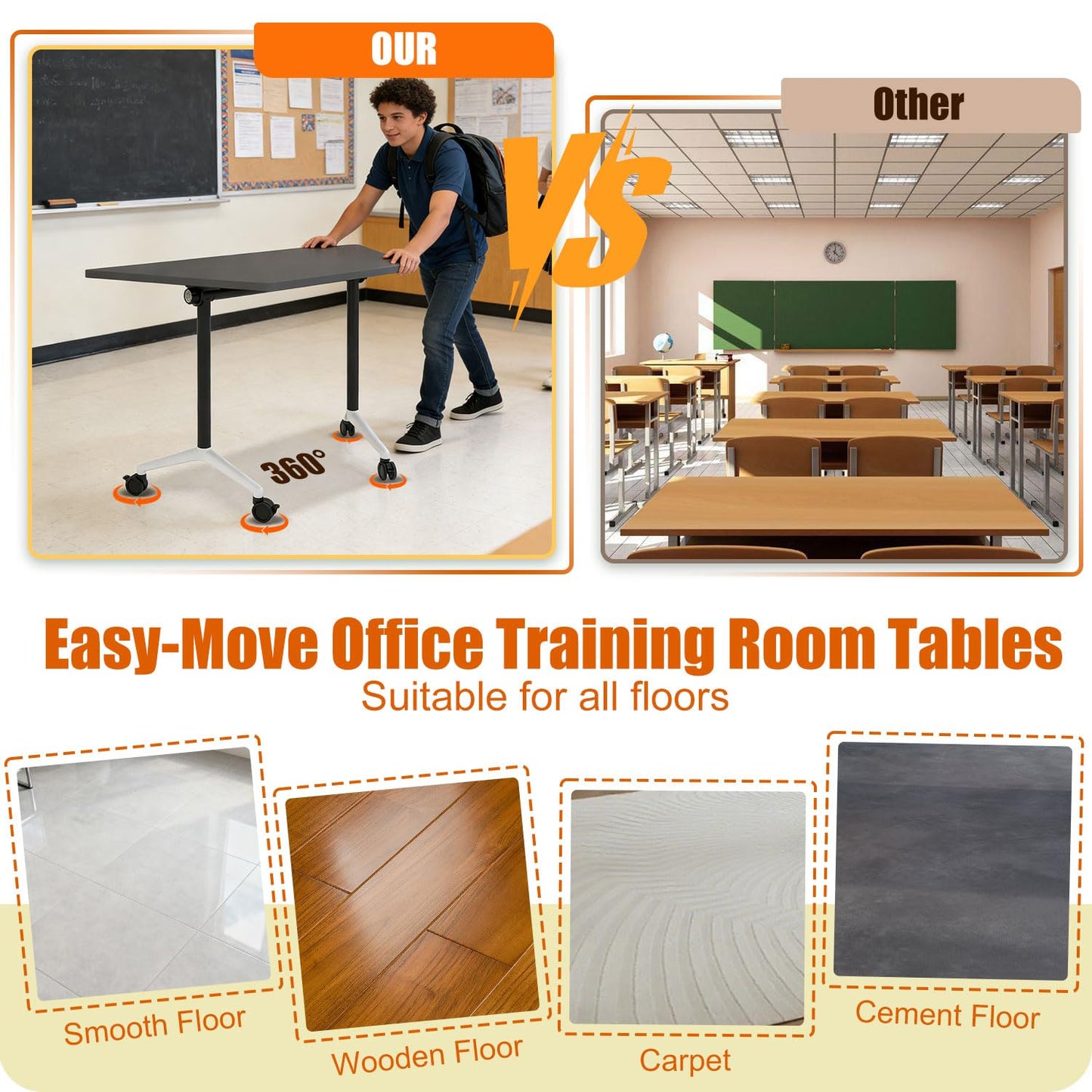 Folding Conference Room Tables Modular Office Conference Table,Mobile Training Table Rolling Seminar Tables with Wheels,Easy to Assemble,Modern Flip Top Meeting Seminar Table for Office,classr (10)