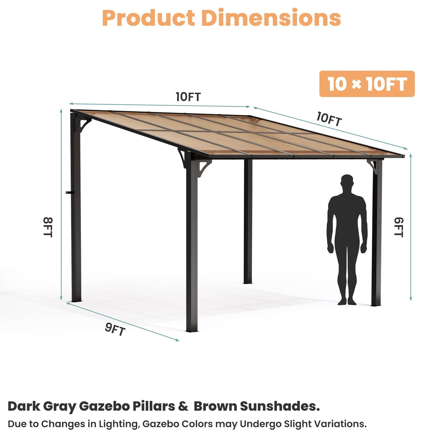 Pamapic 10x10FT Wall Mounted Gazebo, Hardtop Lean to Gazebo with Aluminum Frame & UV Resistant Polycarbonate Roof, Outdoor Patio Awning for Deck, Porch, Lawn & Backyard