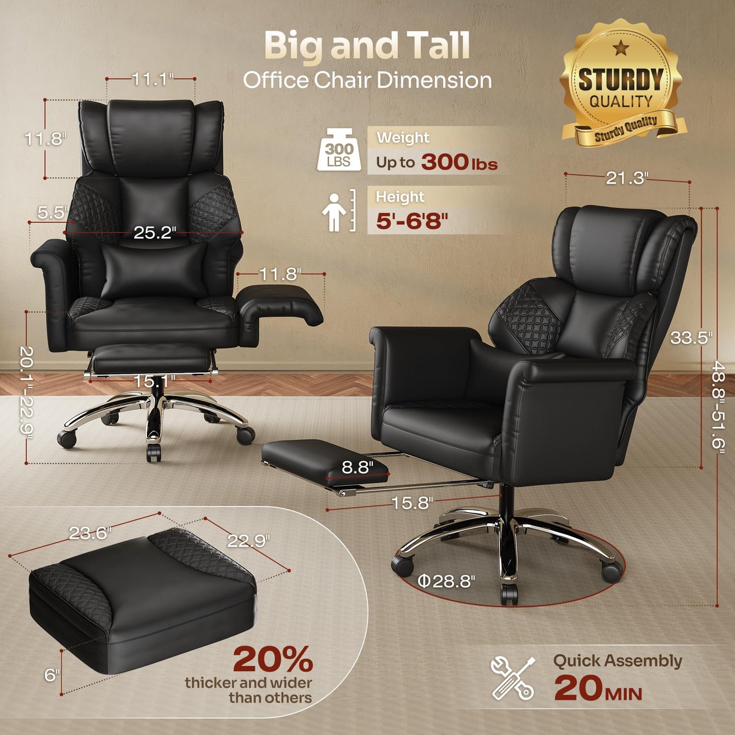 Ergonomic Office Chair with Footrest, Criss Cross Legged Desk Chair with Flip-Up Arm, Wider Thicker Spring Seat, Lumbar Support, Pet-Friendly, Big and Tall High Back Heavy Duty Executive Leather Chair