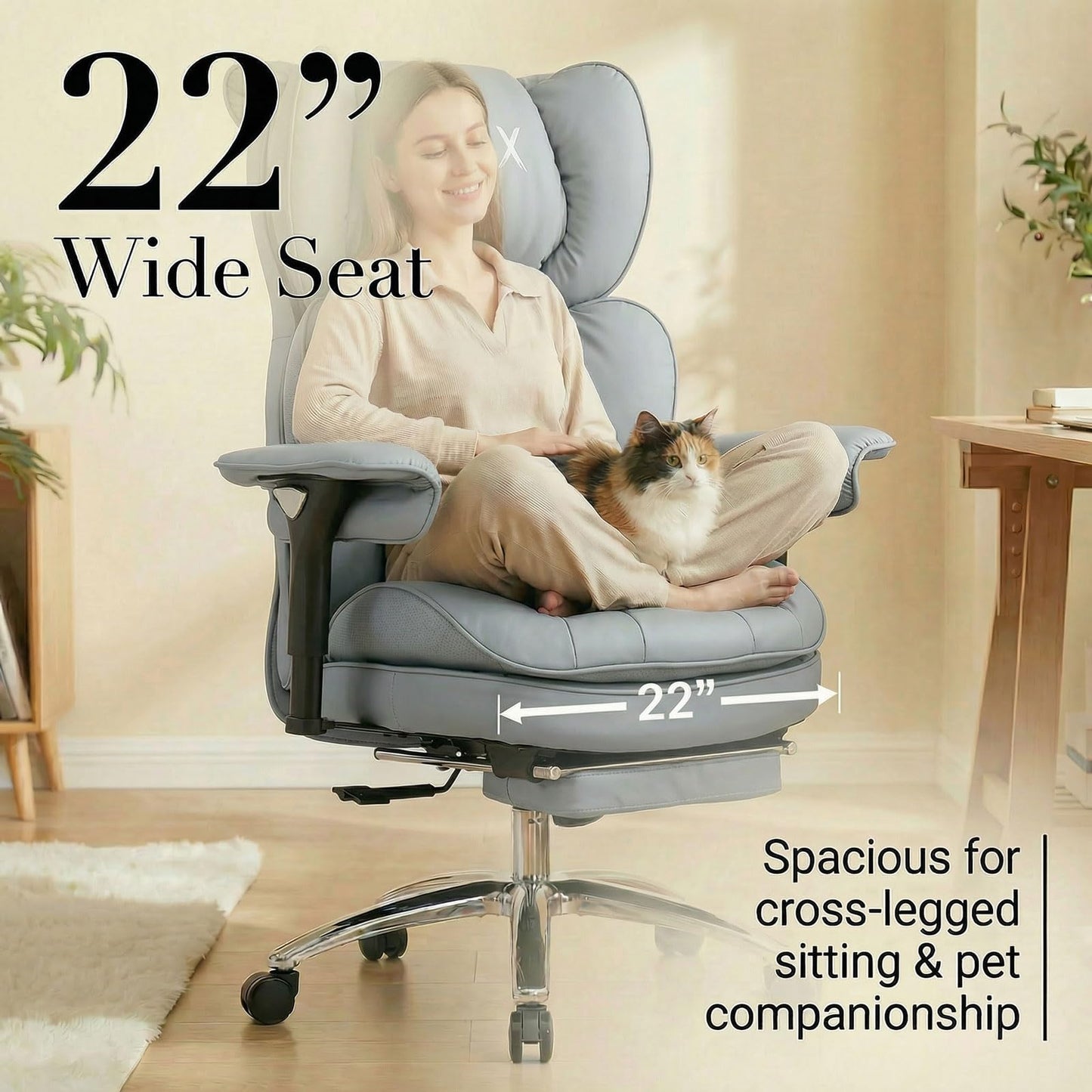 Efomao Big & Tall Executive Office Chair with Footrest - 400lbs Heavy Duty High Back PU Leather Desk Chair, Modern Ergonomic Reclining Computer Chair, Grey