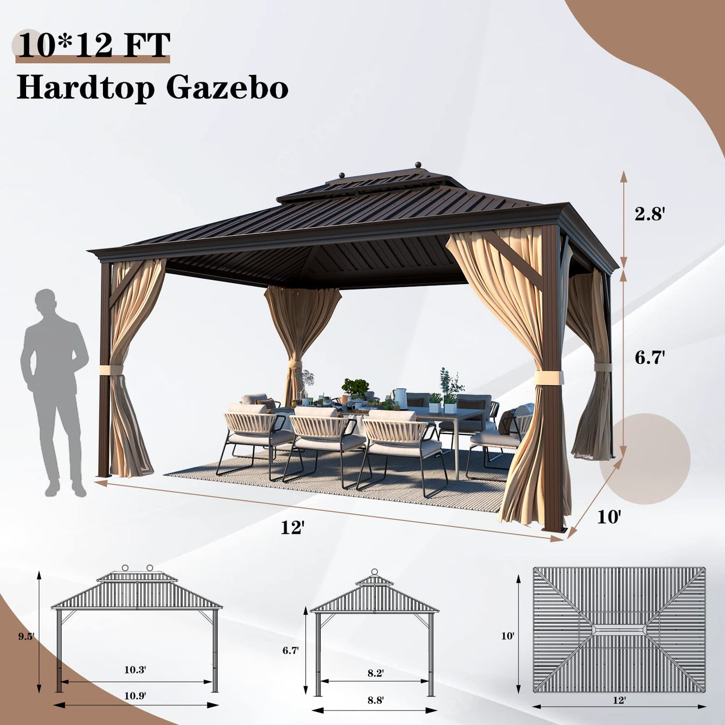 EROMMY 10' X 12' Permanent Hardtop Gazebo Aluminum Gazebos with Galvanized Steel Double Roof for Patio Lawn and Garden, Curtains and Netting Included, Dark Bronze