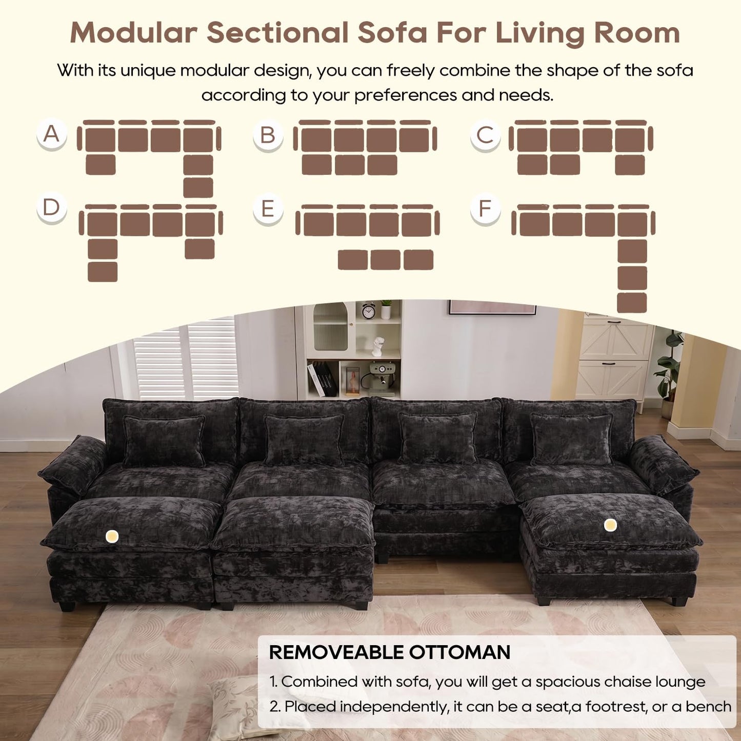 IPKIG 154" Modular Sectional Sofa, Chenille C-Shaped Sectional Couch Comfy Upholstered Seat Sofa with Ottoman, Deep Seat Cloud Couch Sofa for Living Room, Black