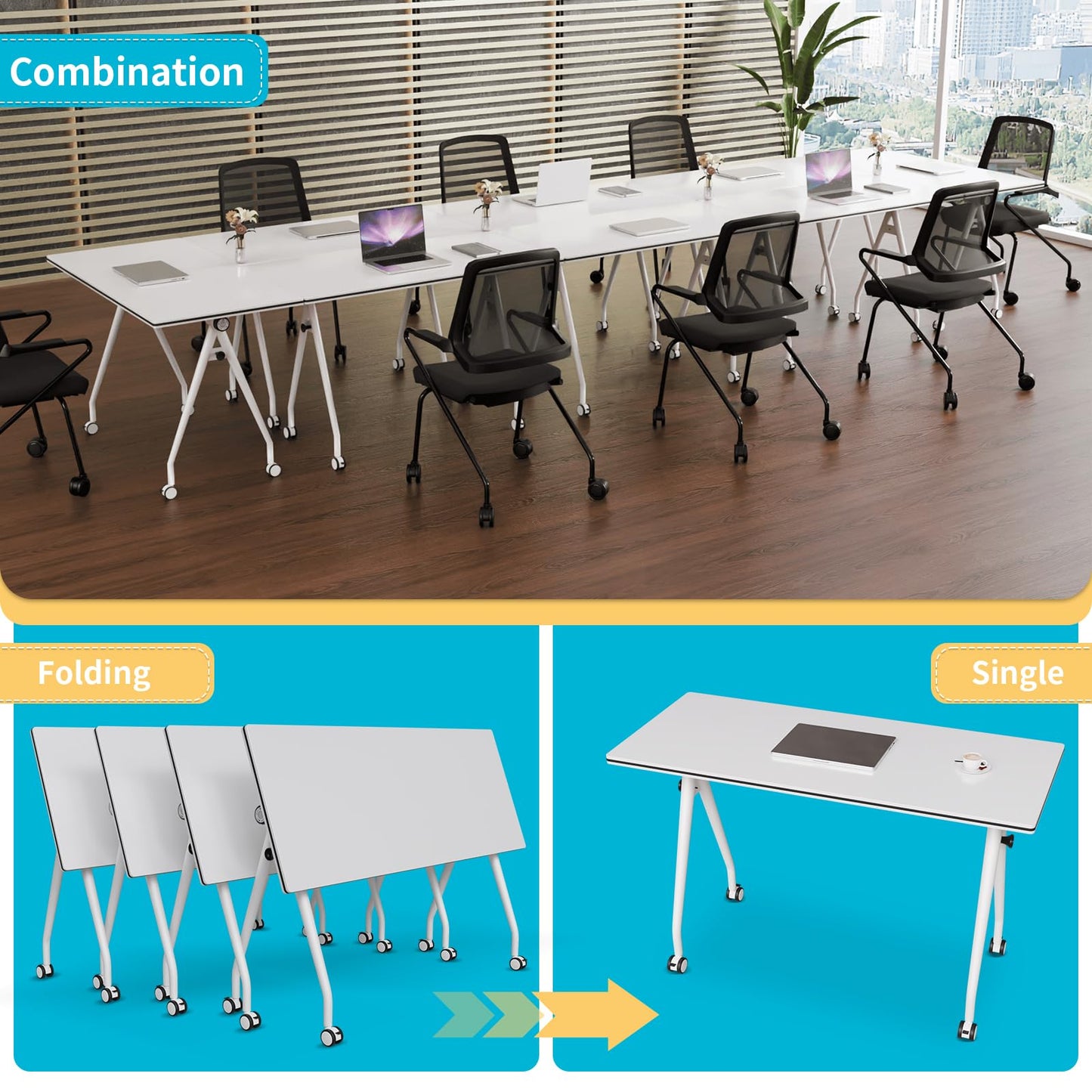 Conference Table with Wheels, Folding Conference Table with Knob & 4 Brake Casters, Modular Flip Top Mobile Conference Room Table for Office, Meeting, Training Room, Class (6, White, 55.1in)