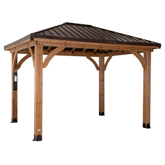 Backyard Discovery Barrington 10' x 10' Cedar Wood Outdoor Gazebo Pavilion with Hardtop Galvanized Steel Hip Roof, Snow Support, Wind Resistance, PowerPort, Shade for Garden, Patio, Deck, Entertaining