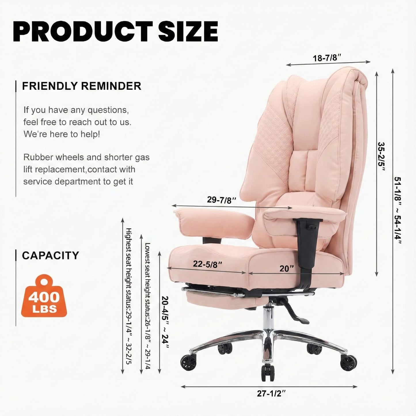 EXCEBET Big and Tall Office Chair 400lbs Wide Seat, Leather High Back Executive Office Chair with Foot Rest, Ergonomic Chairs Lumbar Support for Lower Back Pain Relief (Light Pink)