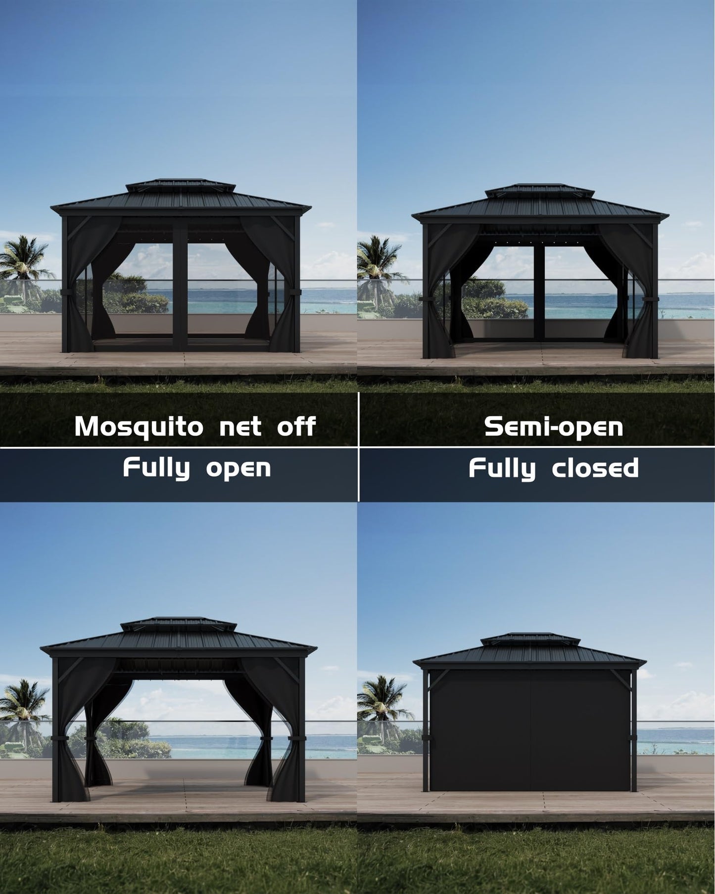 Hardtop Gazebo 12'x14' for All Weather, with Double Metal Roof, Aluminum Alloy Frame, Net, and Curtain, Permanent Building for Patio, Deck, Backyard, Lawn, and Garden, Gray