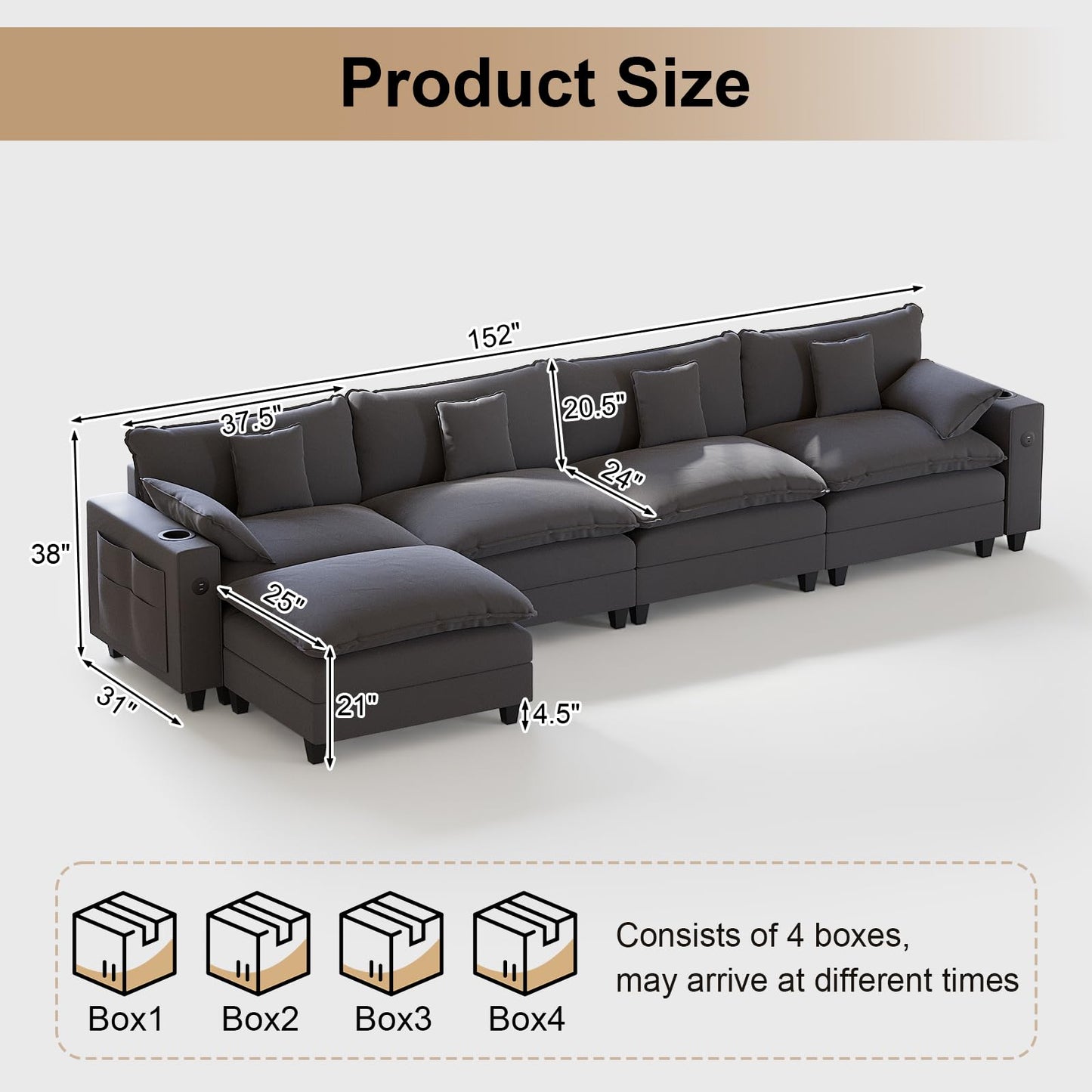 KCGKCG 152" Modular Sectional Sofa, L Shaped Cloud Couch with Movable Ottoman, Chenille Deep Seat Cloud Sofa with Charging Station, Cup Holder, Side Pocket, Sectional Couches for Living Room, Grey