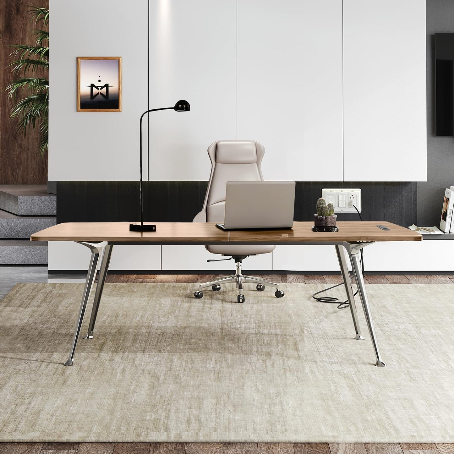 MesaSync 60-Inch Executive Desk, Wooden Office Computer Desk with USB Ports, Large Modern Writing Table, Workstation Business Furniture Minimalist Style for Home Office (Light Brown, 60 Inch)
