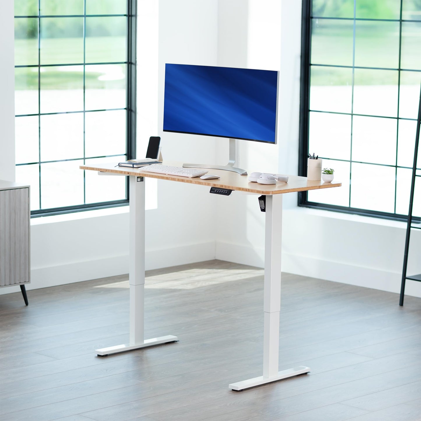 VIVO Electric 60 x 24 in Real Bamboo Standing Desk, Memory Height Adjustment, 1B Series, Holds 220 lbs, One-Piece Top, White Frame, DESK-KIT-1W6O