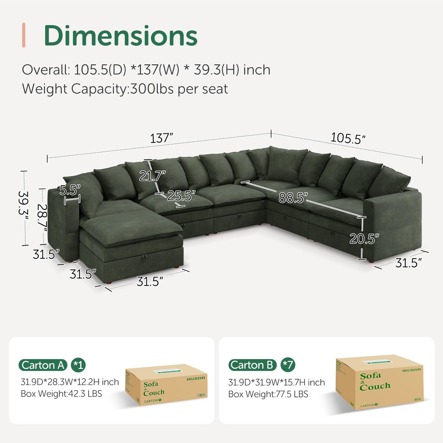 HONBAY Modular Sectional Sofa with Ottoman, 7 Seat U Shaped Couch with Storage & Pillows, 137 Inch Oversized Sectional Sofa for Living Room, Green