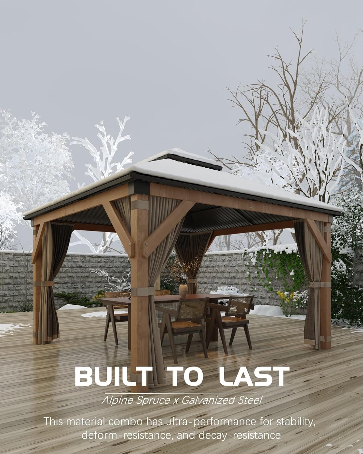 10’X10’ Spruce Wood Hardtop Gazebo with Double Metal Roof, Heavy-Duty 4.7" Poles, Curtains & Netting, All-Weather Outdoor Pavilion for Patio, Deck, Backyard, Lawn, Khaki – Easy Assembly
