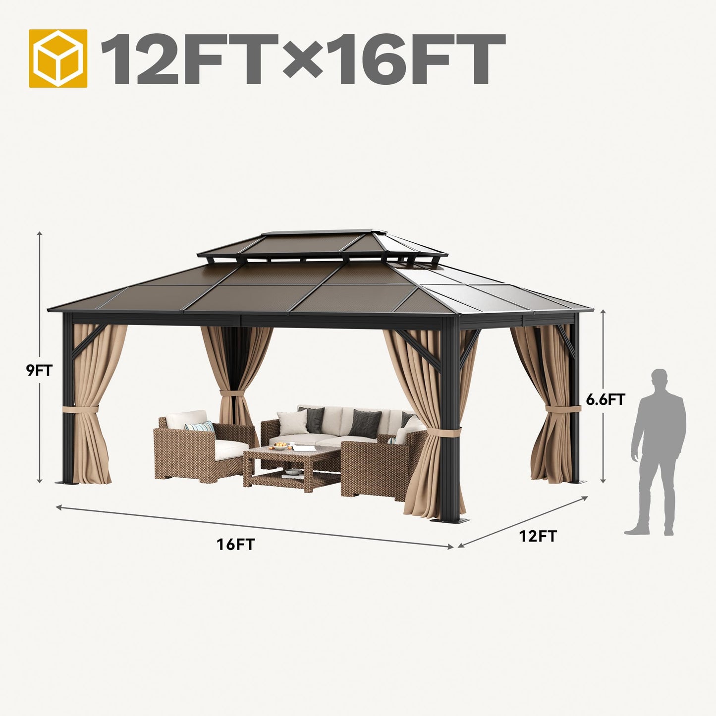 DWVO 12x16ft Gazebo Hardtop Double Roof Polycarbonate Canopy Outdoor with Netting and Shaded Curtains, Metal Frame Garden Tent for Patio, Backyard, Deck and Lawns, Brown