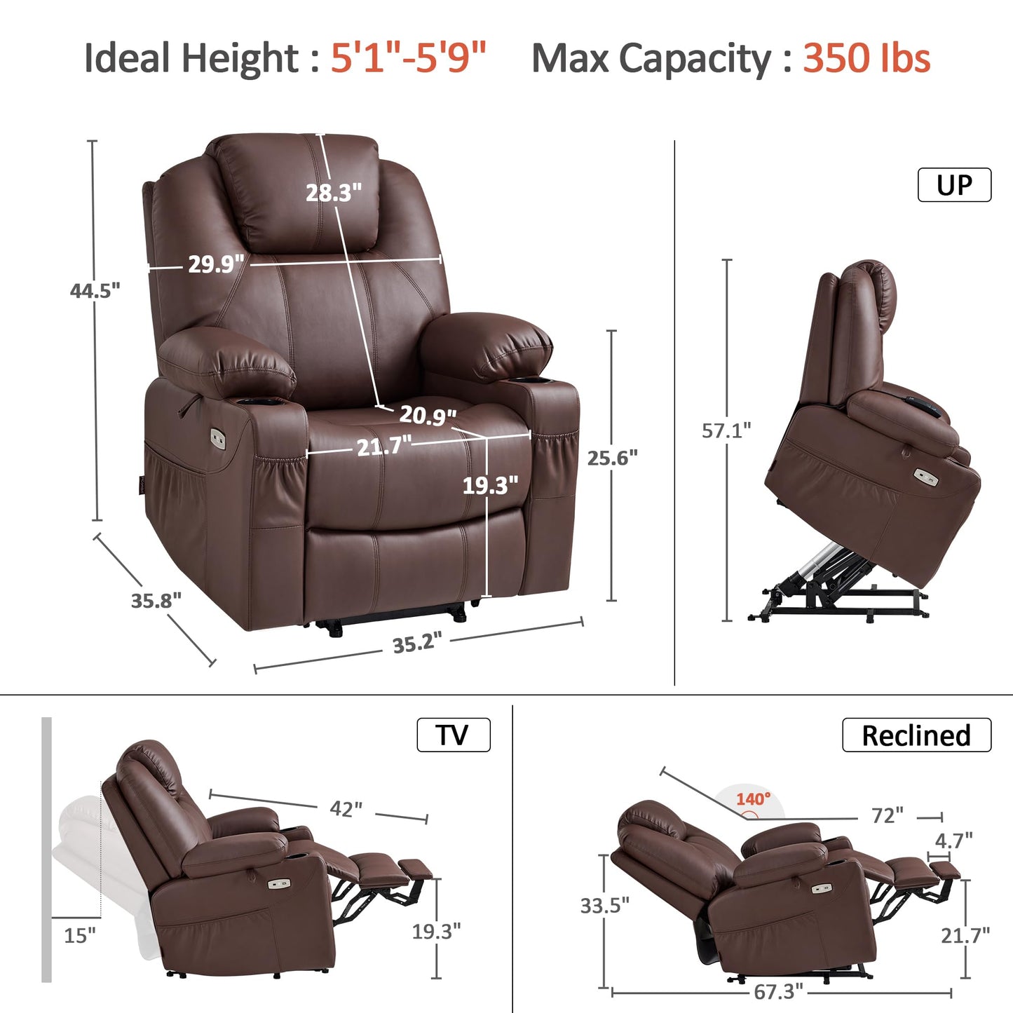 MCombo Electric Power Lift Recliner Chair Sofa with Massage and Heat for Elderly, 3 Positions, 2 Side Pockets, and Cup Holders, USB Ports, Faux Leather 7040 (Light Brown, Medium)