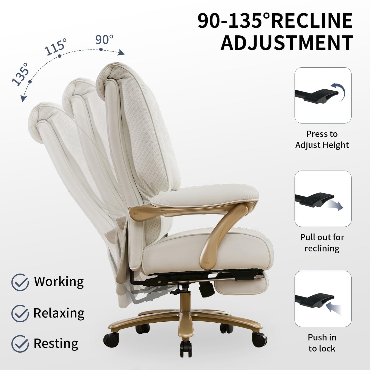 EXCEBET Big and Tall Executive Office Chair with Footrest, 400LBS Capacity Ergonomic High-Back Desk Office Chair with Lumbar Support, Padded Armrests & Thick Cushion, White PU Leather Chairs