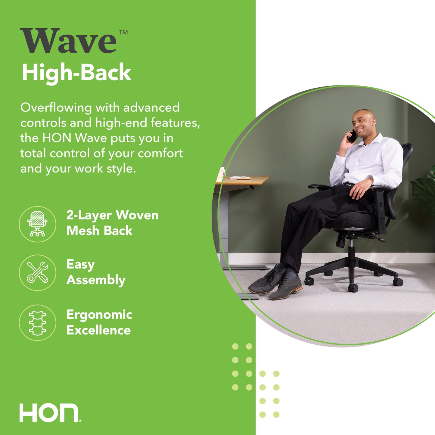 HON Wave High Back Ergonomic Mesh Office Chair with Adjustable Arms, Synchro‑Tilt Recline and Swivel Wheels, Desk and Computer Chair for Home Office or Workstation, Black