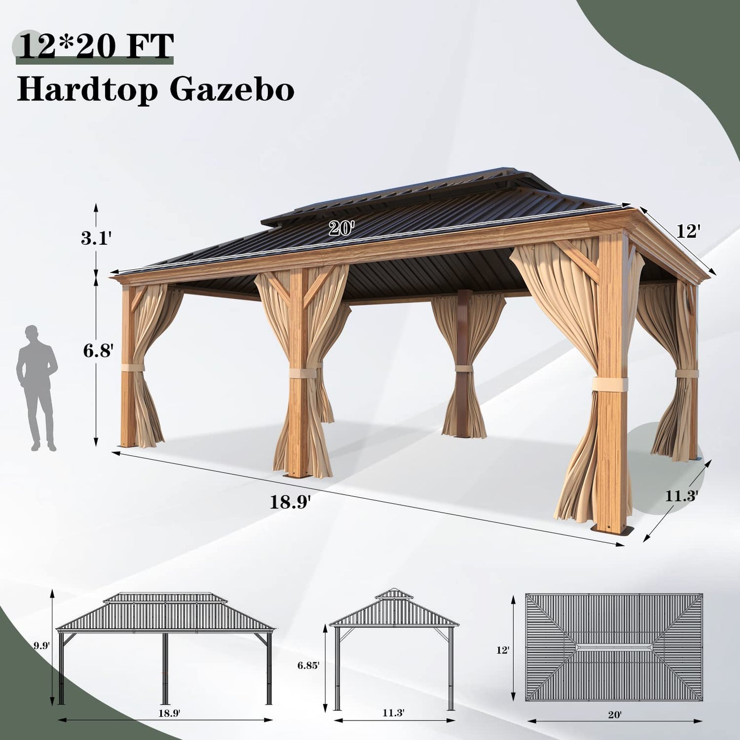 YOLENY 12'x20' Gazebo, Galvanized Steel Double Roof with Wood Grain Aluminum Frame, Outdoor Permanent Metal Pavilion with Curtains and Nettings for Patio, Backyard and Deck
