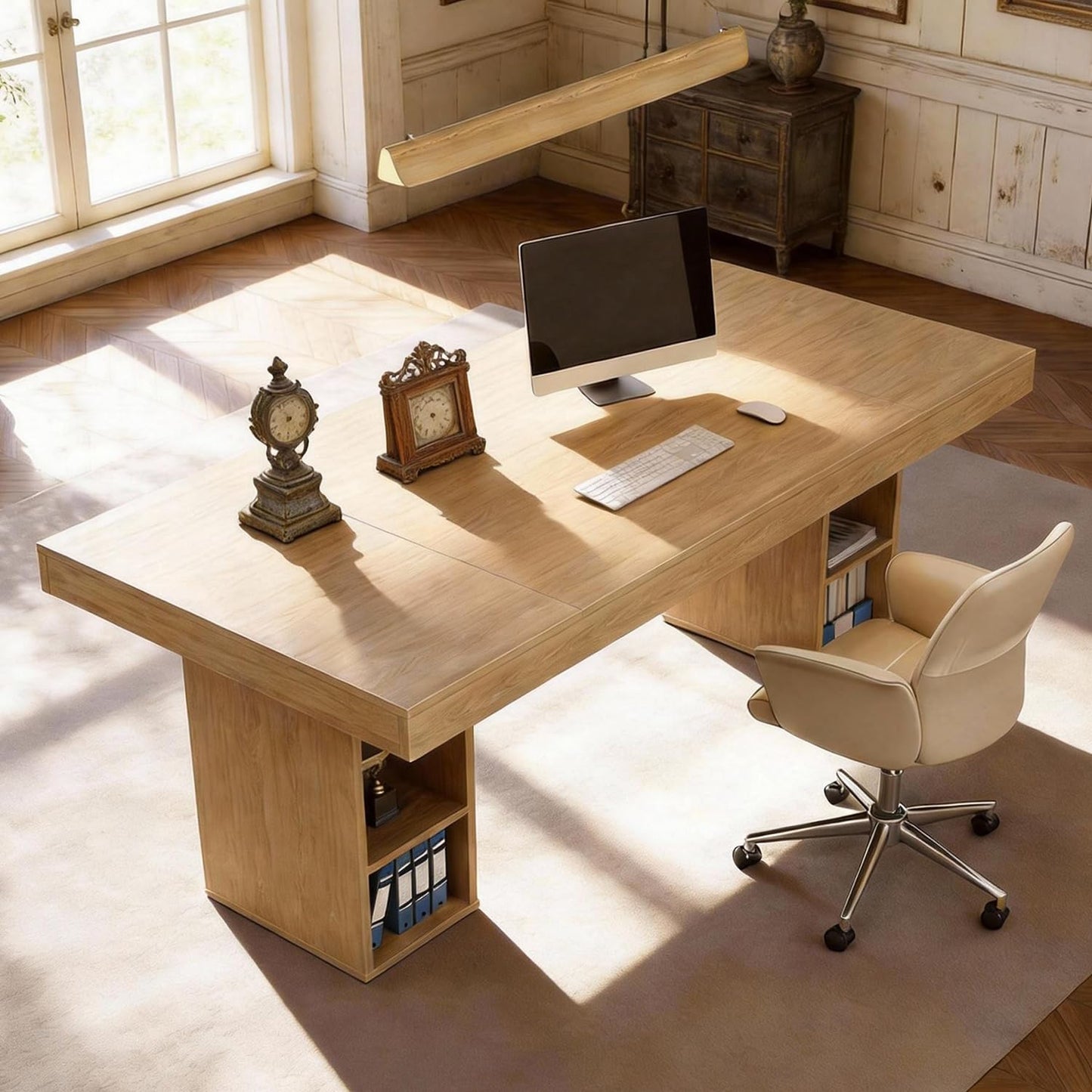 IDEALHOUSE 71” Executive Desk with Cabinet Storage, Farmhouse Home Office Desk, Wooden Computer Desk with Extra Thickened Tabletop & Metal Frame, for Work Study Writing, Oak