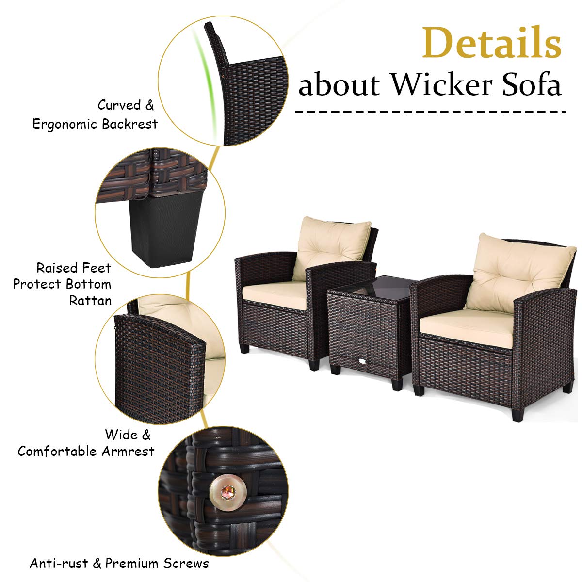 AUGESTER 3 PCS Patio Furniture Set, Outdoor PE Rattan Wicker Conversation Sofa Set w/Washable Cushion and Tempered Glass Tabletop, All Weather Chat Sofa for Garden Poolside Balcony Porch (Beige)