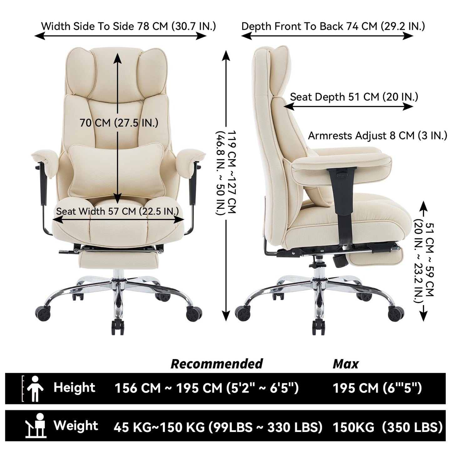 Efomao Big and Tall Office Chair with Footrest - Breathable Mesh Executive Chair, Heavy Duty Computer Desk Chair for Home Office, Ergonomic Lumbar Support & Reclining Mesh Gaming Chair, Beige