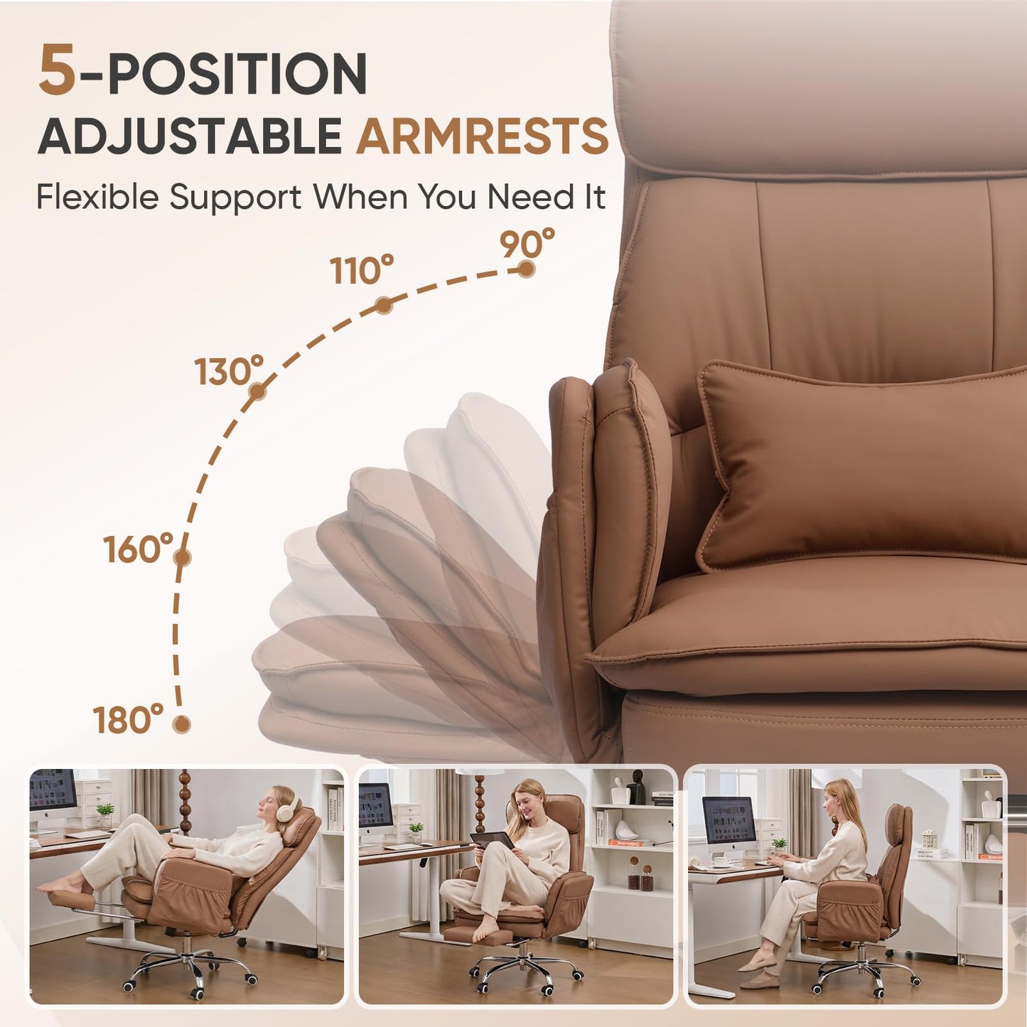 EGSEAT Big and Tall Office Chair with Flip Armrests, Cross Legged Office Chair with Storage Pockets, Comfortable Reclining Computer Chair with Foot Rest, Wide Home Office Desk Chair, Leather Brown