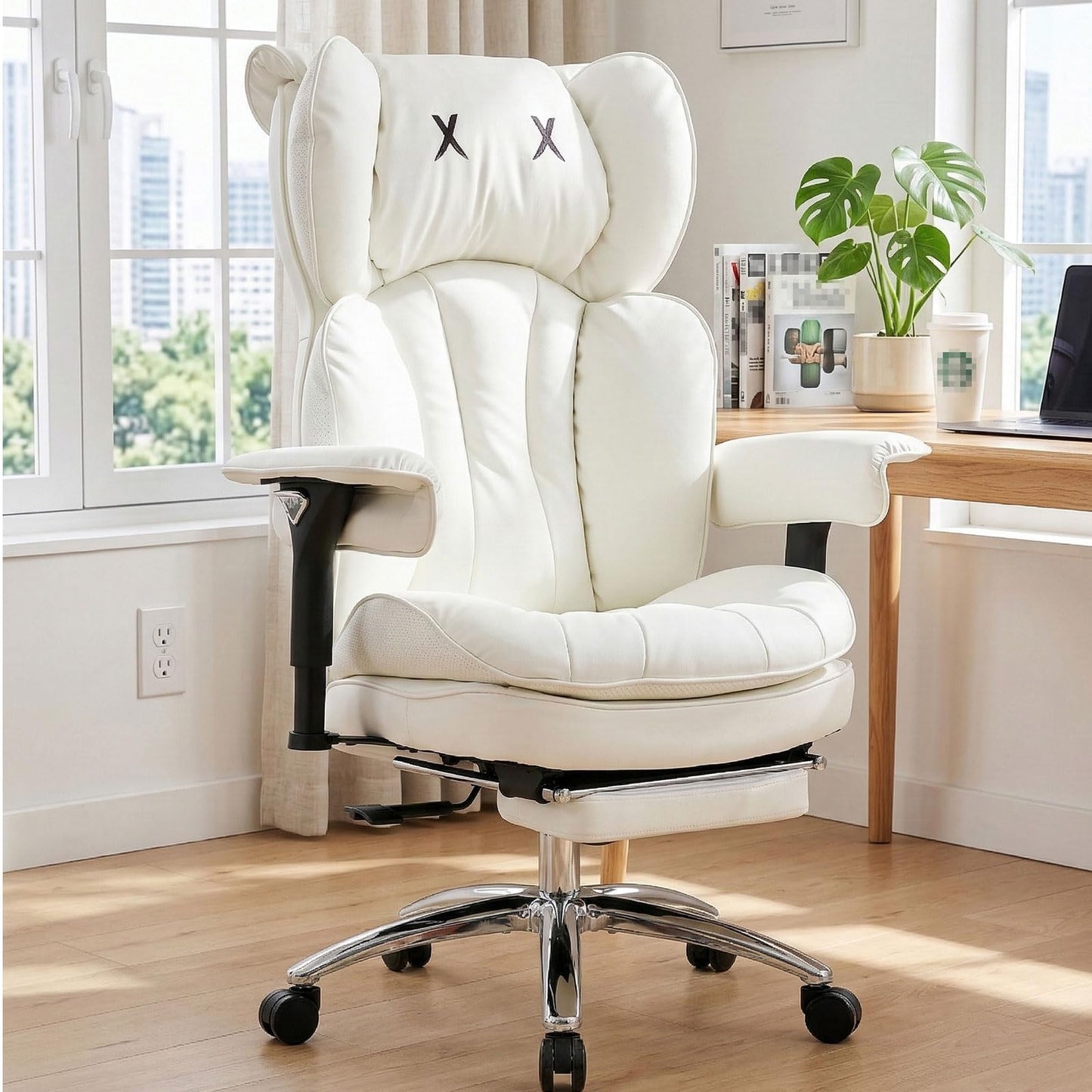 Efomao Big & Tall Executive Office Chair with Footrest - 400lbs Heavy Duty High Back PU Leather Desk Chair, Modern Ergonomic Reclining Computer Chair, White