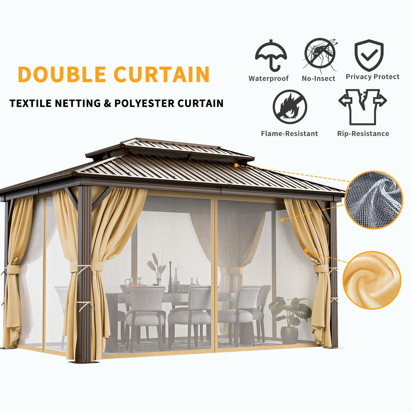 HOTEEL 10x12 Hardtop Gazebo On Clearance with Heavy Duty Galvanized Steel,Outdoor Patio Gazebo with Aluminum Frame & Curtains and Netting, Permanent Pavillon for Backyard, Brown (2026 Upgraded)
