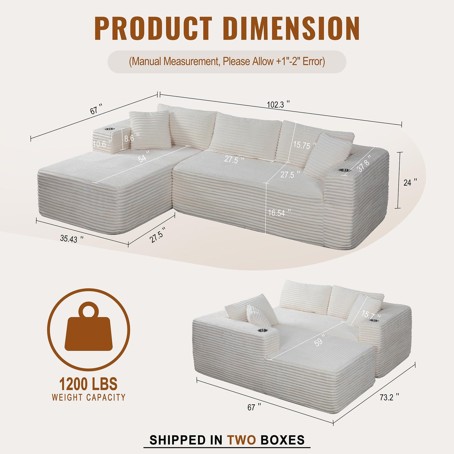 Shintenchi Boneless Couches for Living Room,Modular Sectional Sofa with 2 Cup Holders,Memory Foam Cloud Couch with L Shaped Oversized Chaise,No Assembly Needed Plush Corduroy Sofa,White