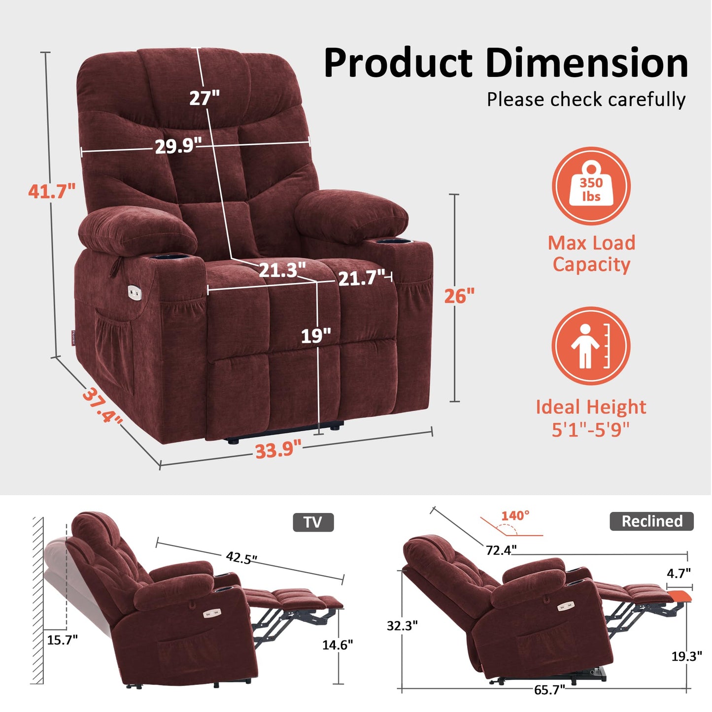 MCombo Power Lift Recliner Chair with Extended Footrest for Elderly People, Fabric 7287 (Burgundy, Medium)