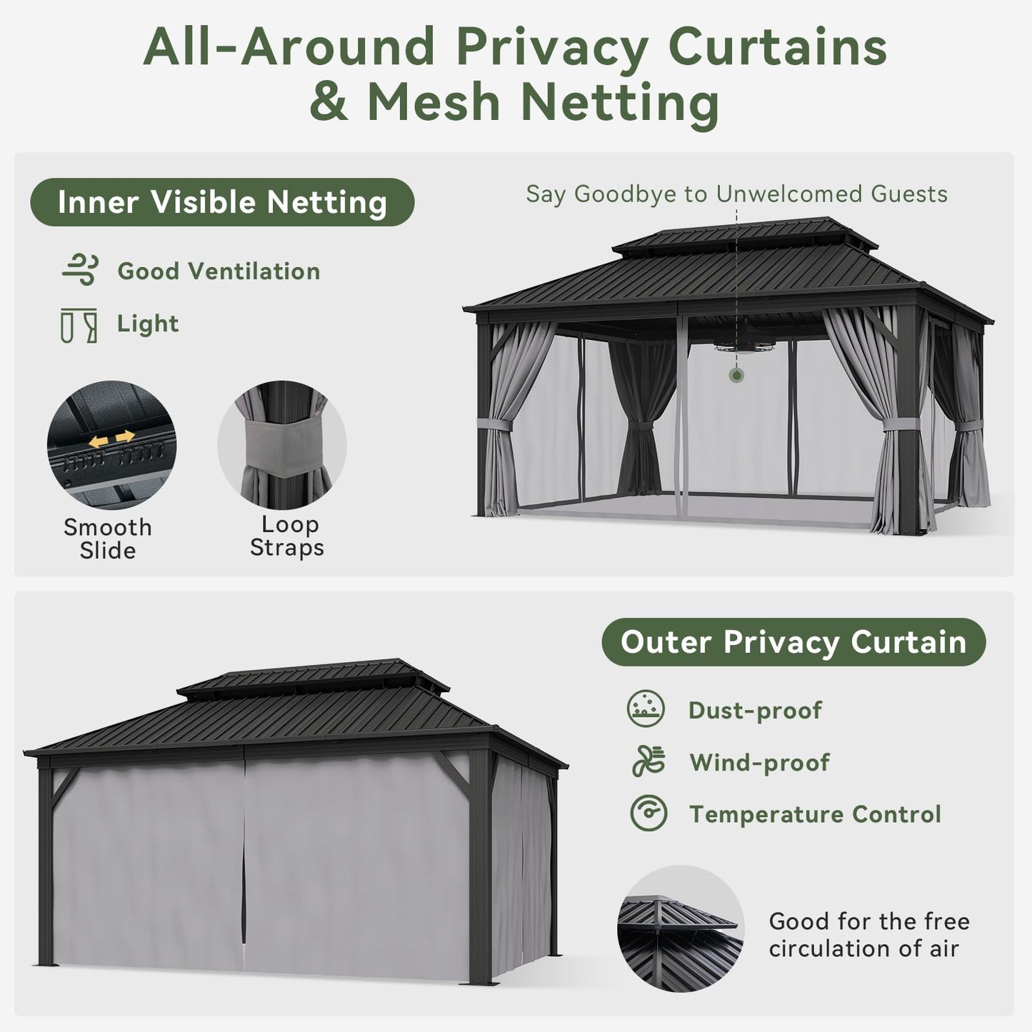 Aoxun 12'x16' Hardtop Gazebo, Aluminum Frame Canopy with Double Galvanized Steel Roof, Outdoor Metal Pavilion with Netting Curtains and 20 inch Ceiling Fans with Lights for Backyard, Patio and Deck