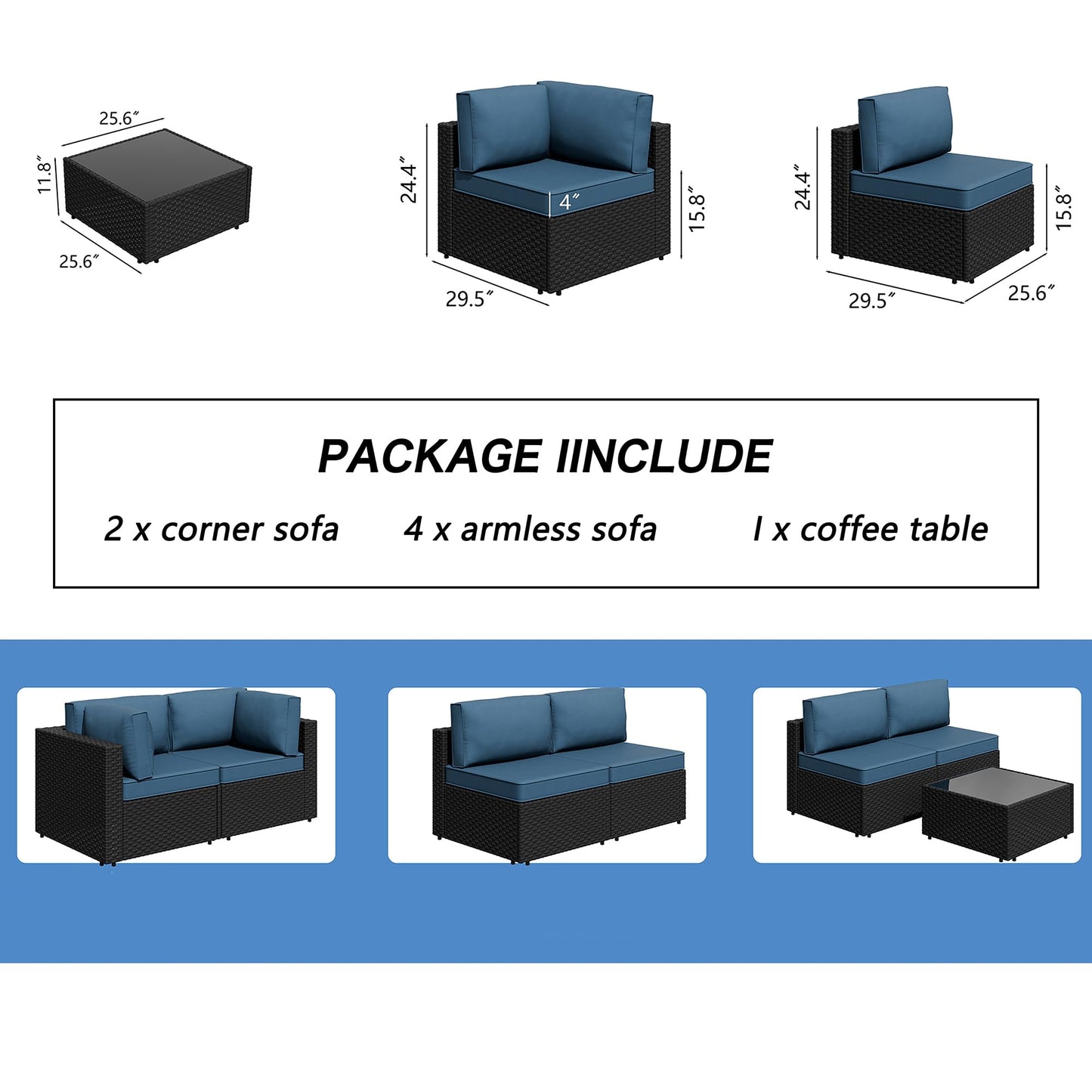 7 Pieces Outdoor Patio Sectional Sofa Couch, Wicker Furniture Patio Conversation Sets with Washable Cushions & Coffee Table for Garden, Poolside, Backyard
