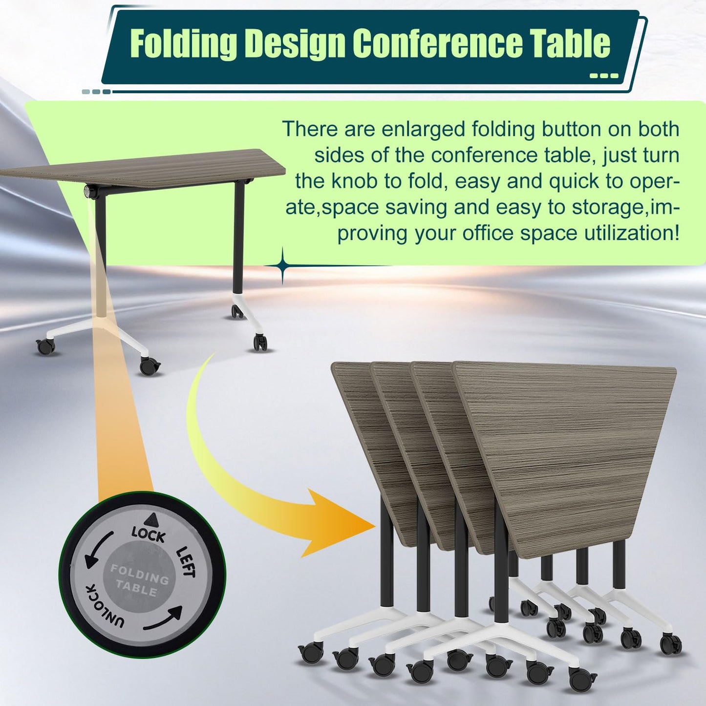 Modern Conference Table,47.2 Inch Meeting Seminar Table,Folding Conference Room Tables with Caster Wheels,Sturdy Mobile Training Table Business Boardroom Tables for 2-10 People,Support 550lbs (8P)