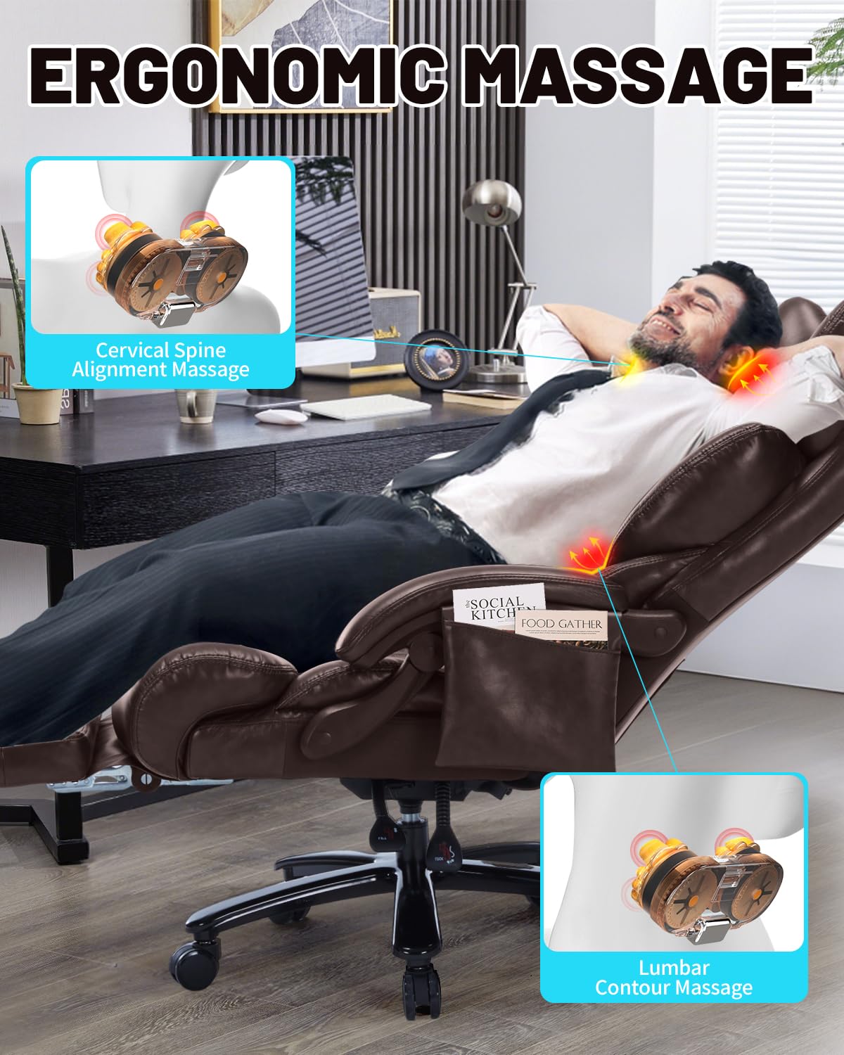 800LBS Massage Office Chair with Foot Rest & 8 Points Vibration Heat for Heavy People,Big and Tall Ergonomic Executive Reclining Desk Chairs for Home Office Managerial Use (Brown)