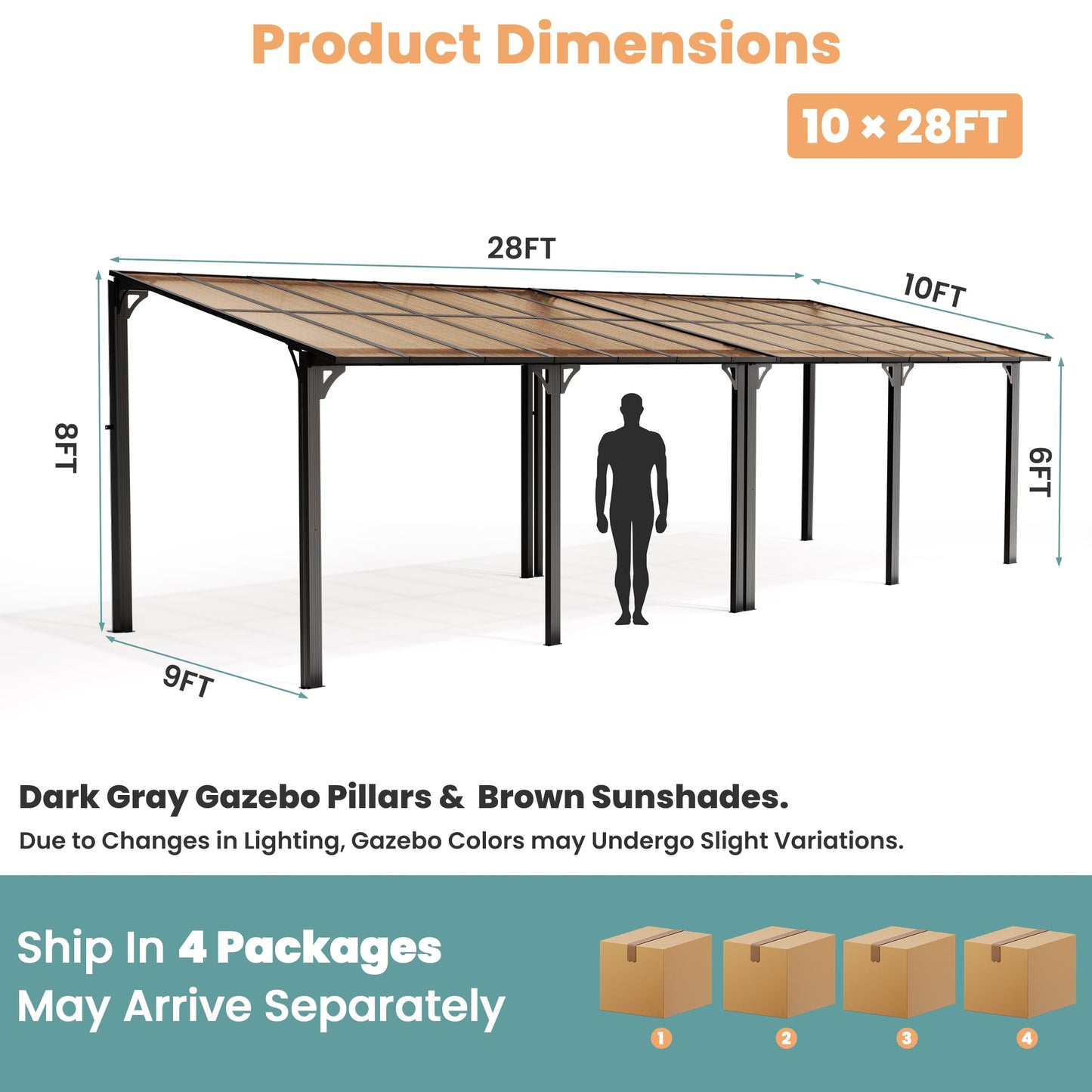 Pamapic 10x28FT Wall Mounted Gazebo, Hardtop Lean to Gazebo with Aluminum Frame & UV Resistant Polycarbonate Roof, Outdoor Patio Awning for Deck, Porch, Lawn & Backyard