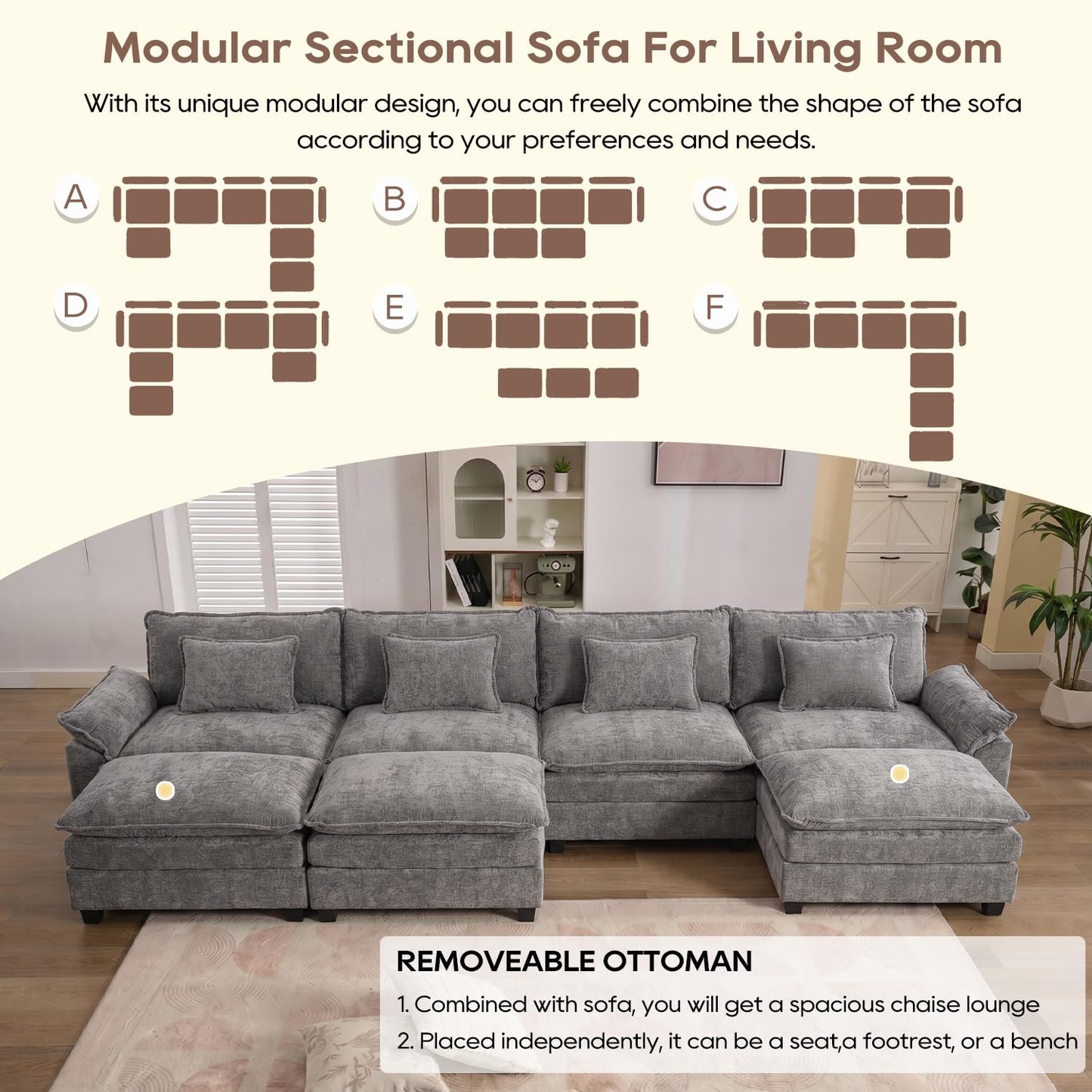 IPKIG 154" Modular Sectional Sofa, Chenille C-Shaped Sectional Couch Comfy Upholstered Seat Sofa with Ottoman, Deep Seat Cloud Couch Sofa for Living Room, Light Grey
