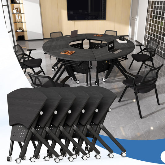 JFazzruit Folding Conference Table,Fan-Shaped Conference Room Tables with Wheels, Mobile Modular Seminar Meeting Desk for Classrooms,Office & Seminar (6, Fan-Black)