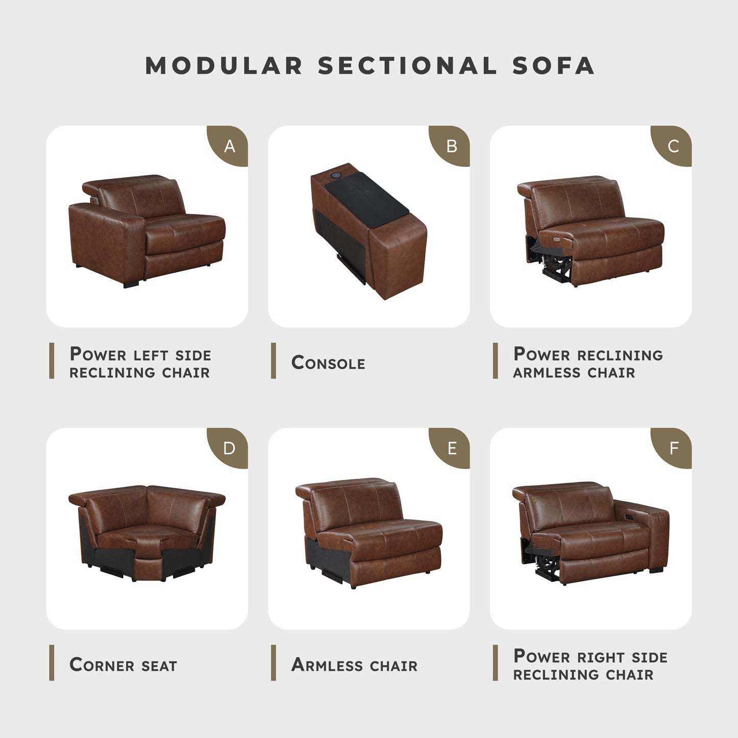 Lexicon Sectional Couches for Living Room-Modular Sectional Sofa, Power Double Reclining Loveseat, Power Headrests, Charging Ports, 2 Seater Recliner Couch, Top Grain Leather Brown