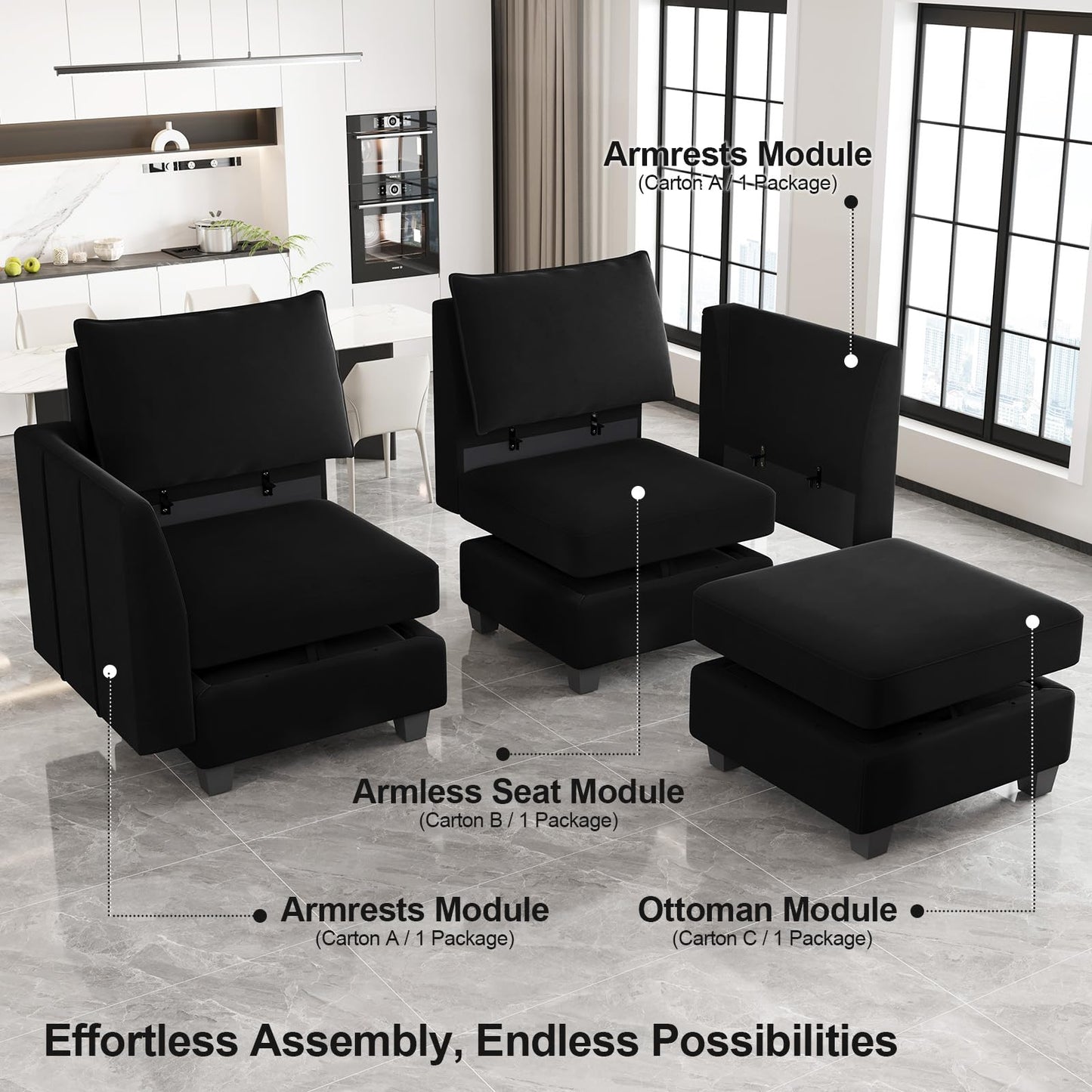 Belffin Large Modular Sectional Sofa Sleeper Couch with Storage Velvet Sectional Sofa Bed for Living Room, 9 Seats, Black