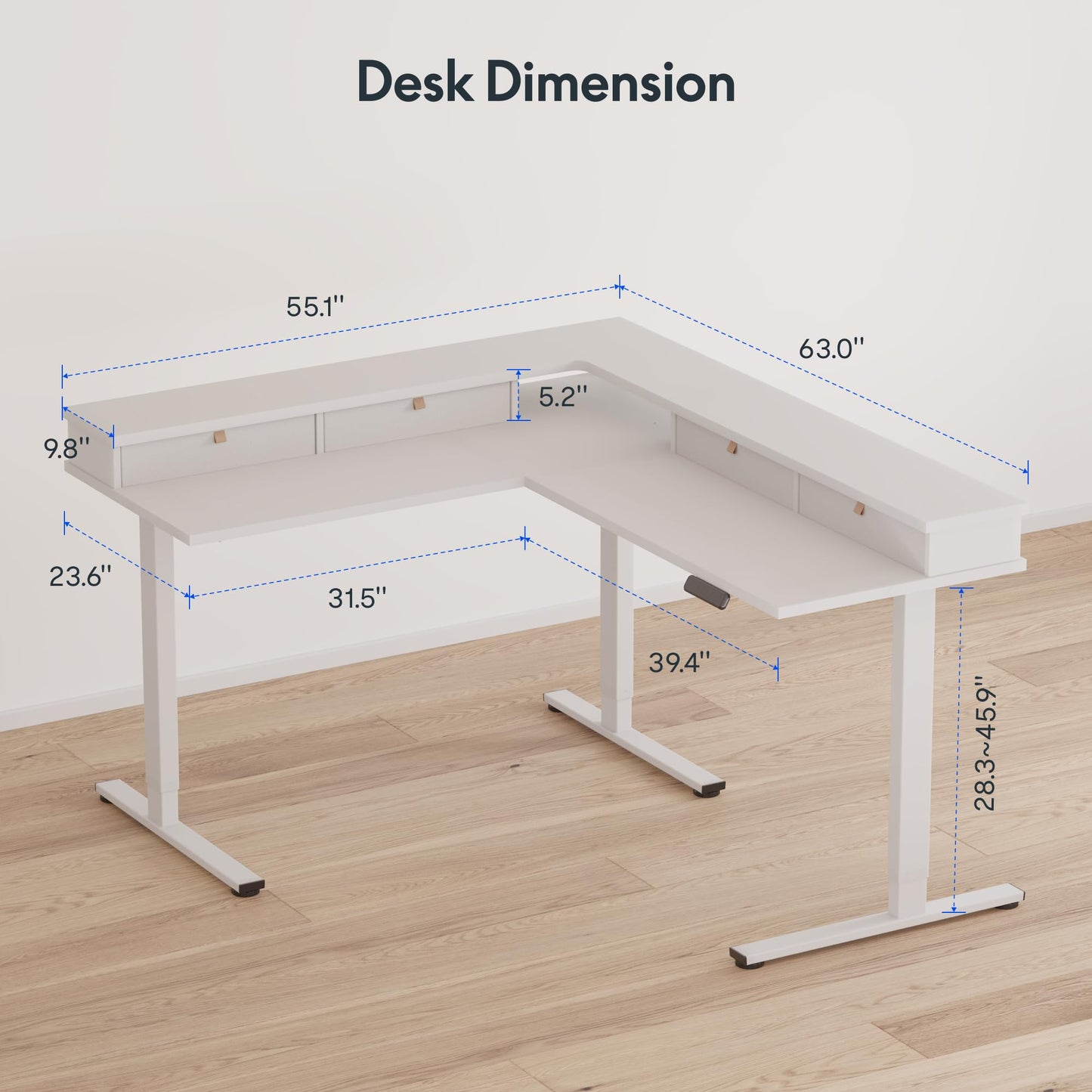 FLEXISPOT 63" L Shaped Standing Desk with Shelf Electric Corner Table, Drawers, Adjustable Computer Workstation for Home, Office,63x55in, White Top + White Frame