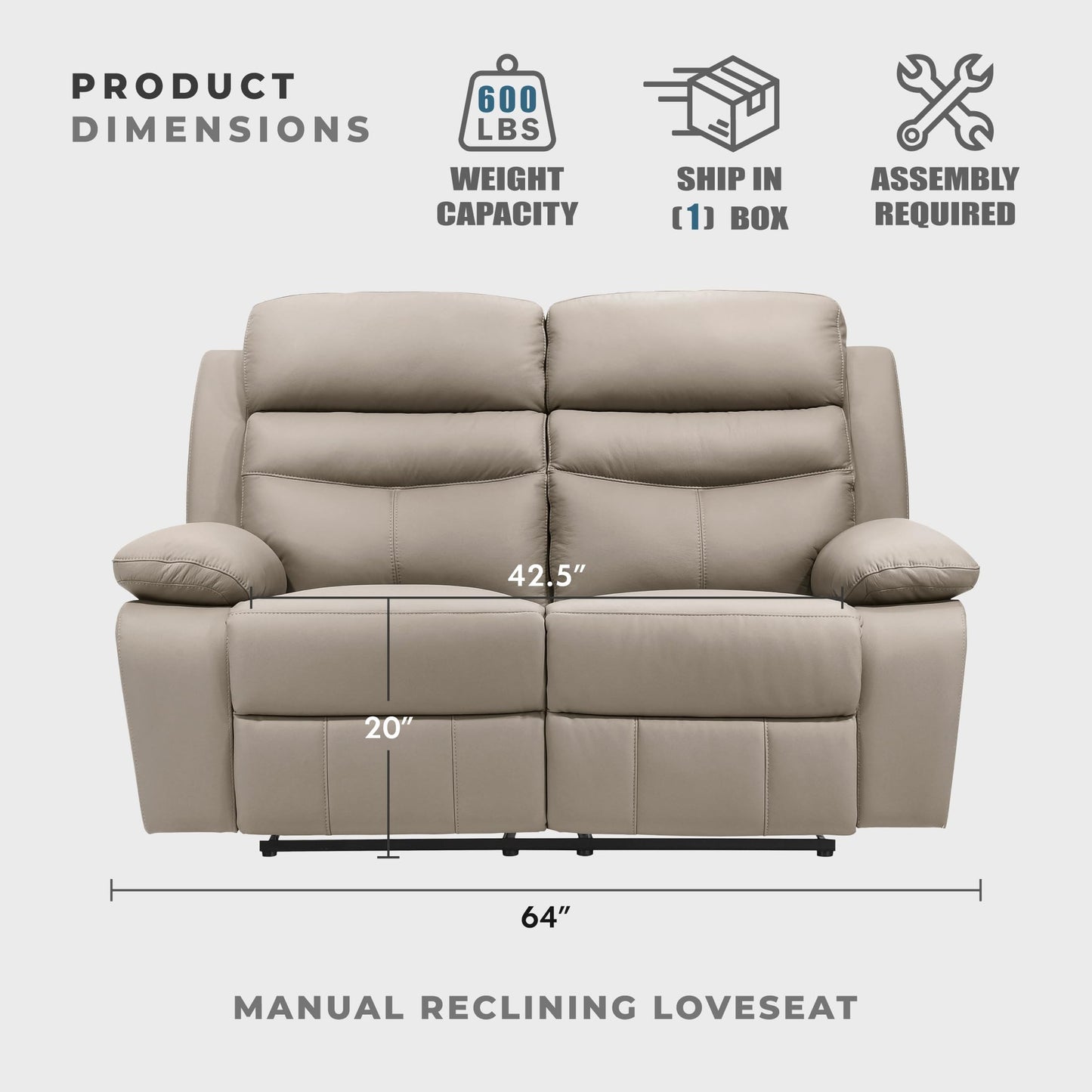 Lexicon 64" W Manual Reclining Loveseat, Top Grain Leather Match Reclining Love Seat, Home Theater Seating, Wall Hugger Recliner Couch, Manual Double Recliner RV Couch for Living Room, Latte