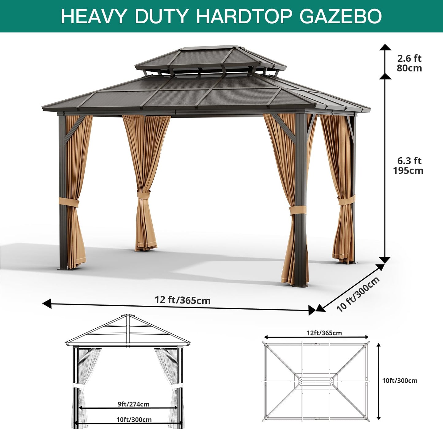 10x12 ft Permanent Aluminum Gazebo with Double-Layer PC Roof, Sturdy Metal Pavilion Canopy, All-Weather Outdoor Sunshade Structure with Retractable Curtains for Patio, Backyard, Garden, Deck