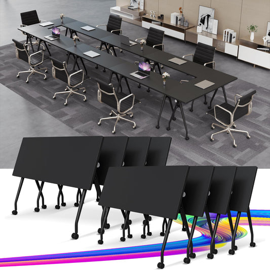 Conference Table with Wheels, Folding Conference Table with Knob & 4 Brake Casters, Modular Flip Top Mobile Conference Room Table for Office, Meeting, Training Room, Class (8, Black, 55.1in)