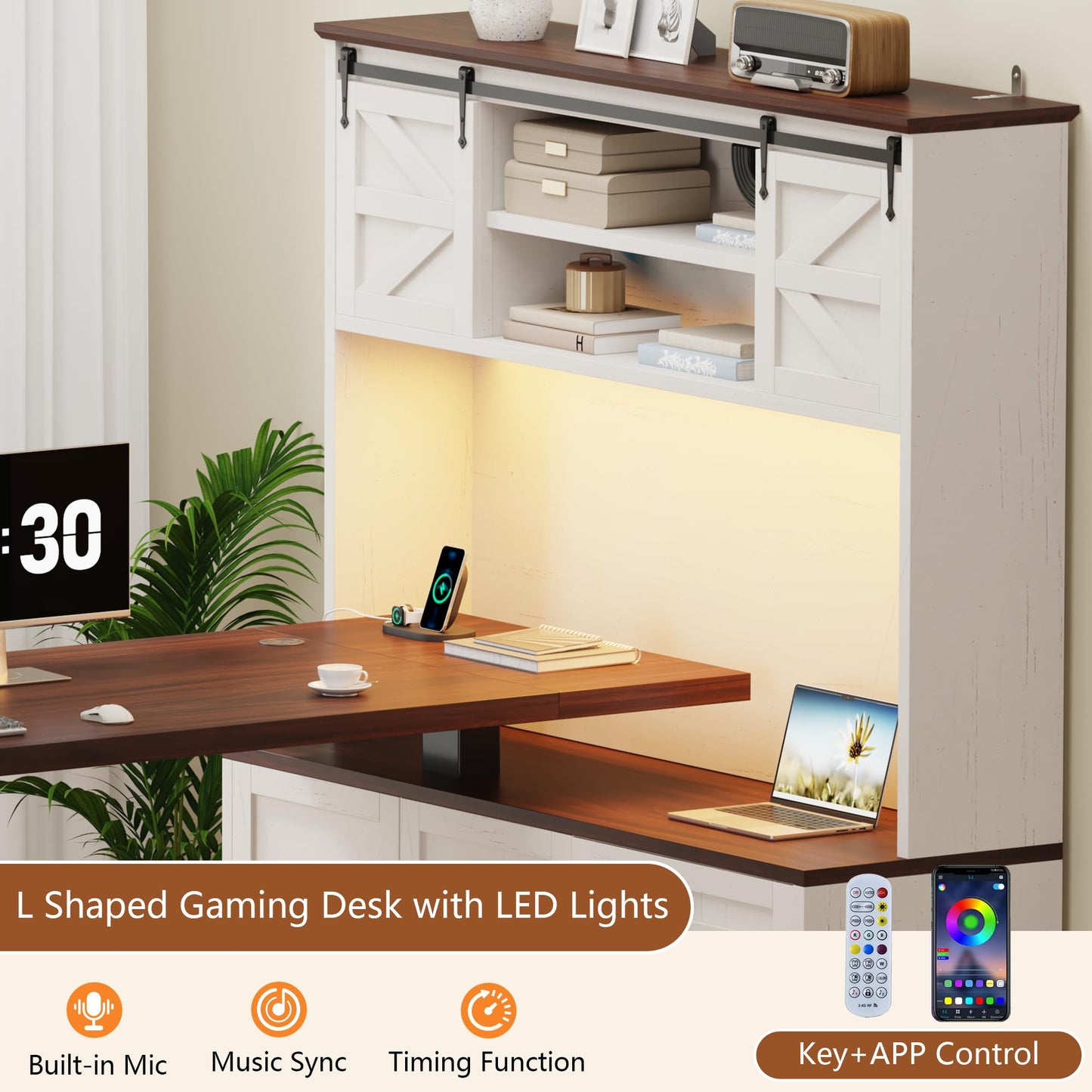 Homiflex 71" L Shaped Electric Standing Desk with Hutch and 3 Drawers, Farmhouse Height Adjustable Sit Stand Desk, Large Corner Computer Desk with File Cabinet, Power Outlets & LED Lights, White