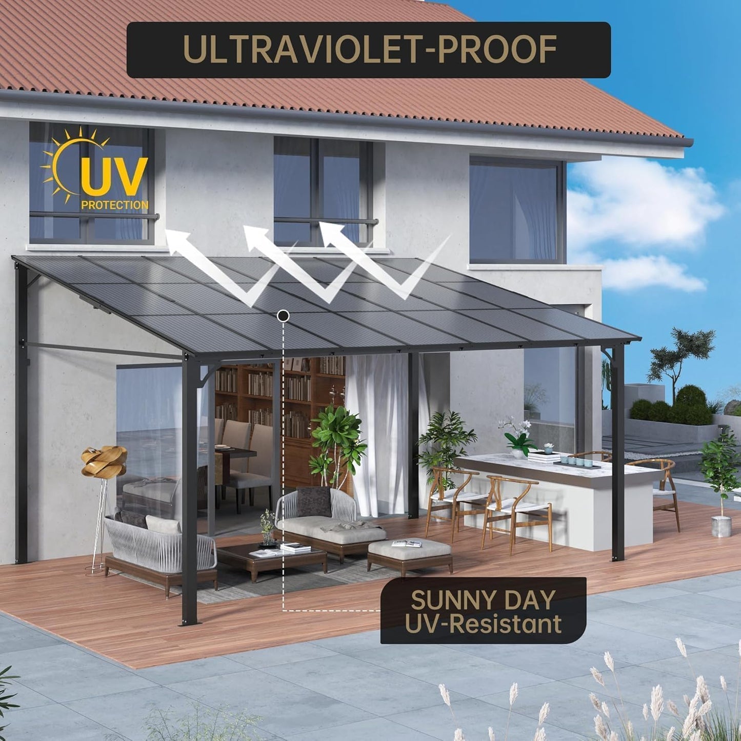 10'X20' Hardtop Wall Mounted Gazebo with Gutters & Galvanized Steel Roof, 60MPH Wind Resistance, Lean to Gazebo Pergola with Sloped Roof for Deck, Porch, Backyard and More, Black