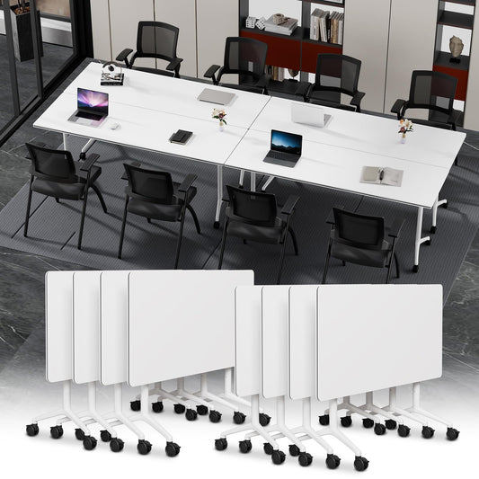 Modular Folding Conference Table with Wheels,8 Pack Mobile Conference Room Tables,Filp Top Rolling Meeting Training Tables for Office,Classroom,Library,Seminar,Boardroom,school(8pack,White,47in)