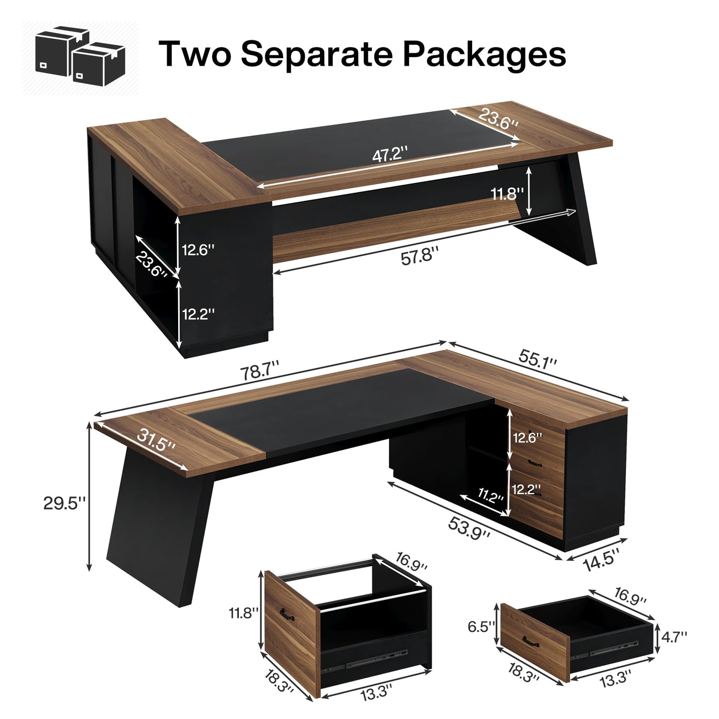 Tribesigns 78" L-Shaped Executive Desk, Extra Large Modern Office Desk with Drawers and File Cabinet, Business Furniture with Storage Shelves, Big Computer Desk for Home Office (Light Walnut + Black)